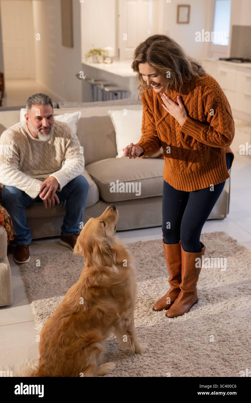 Paare trainieren Golden Retriever auf Teppich im Wohnzimmer mit Hundeschlitten während der Sitzung Stockfoto