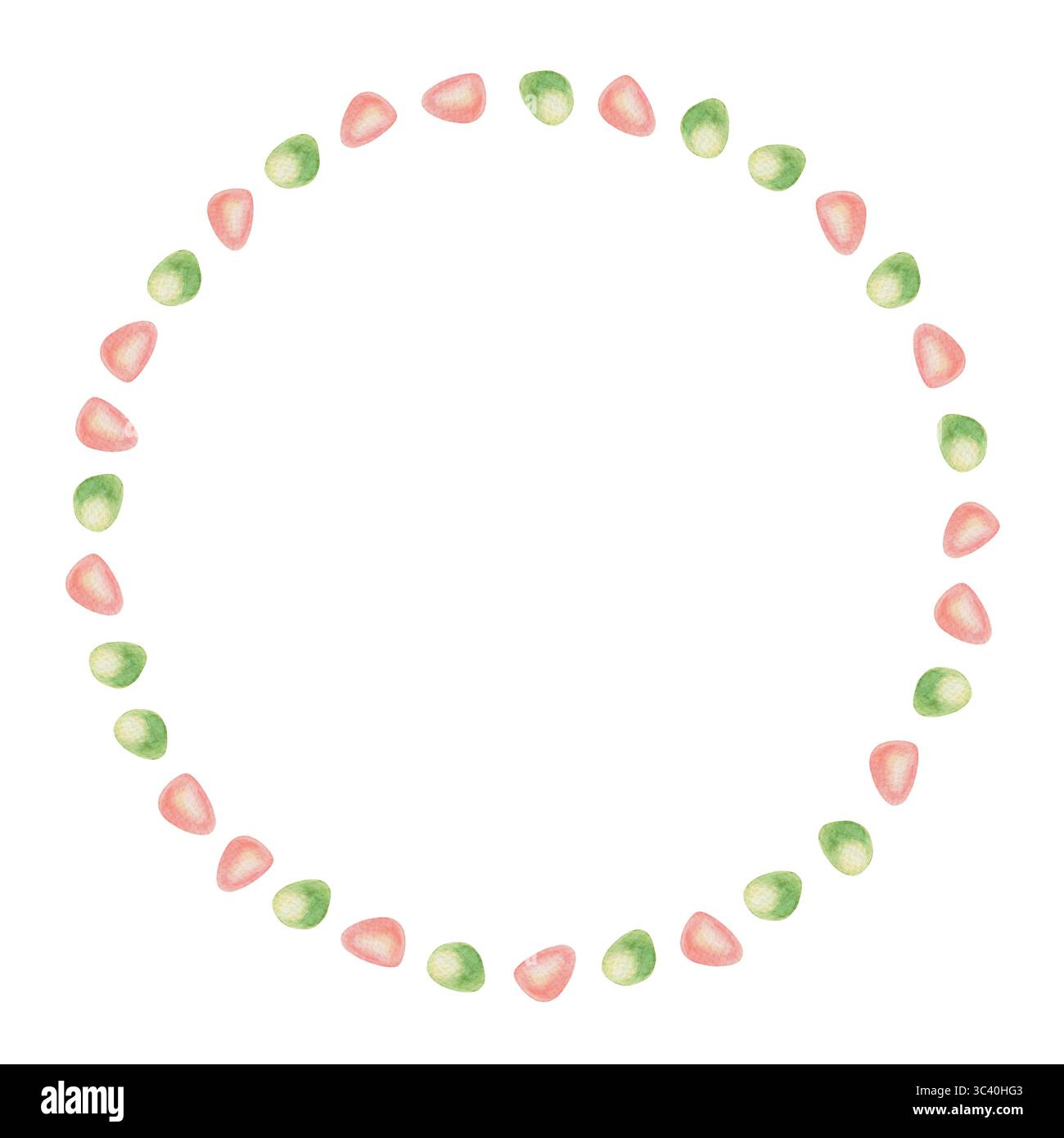 Rundkranz aus Meerglas in handgezeichnetem Aquarellstil. Durchscheinende rosa und grüne Kieselsteine bilden einen Küstenkreis. Perfekt für Sommerkartenvorlagen Stockfoto