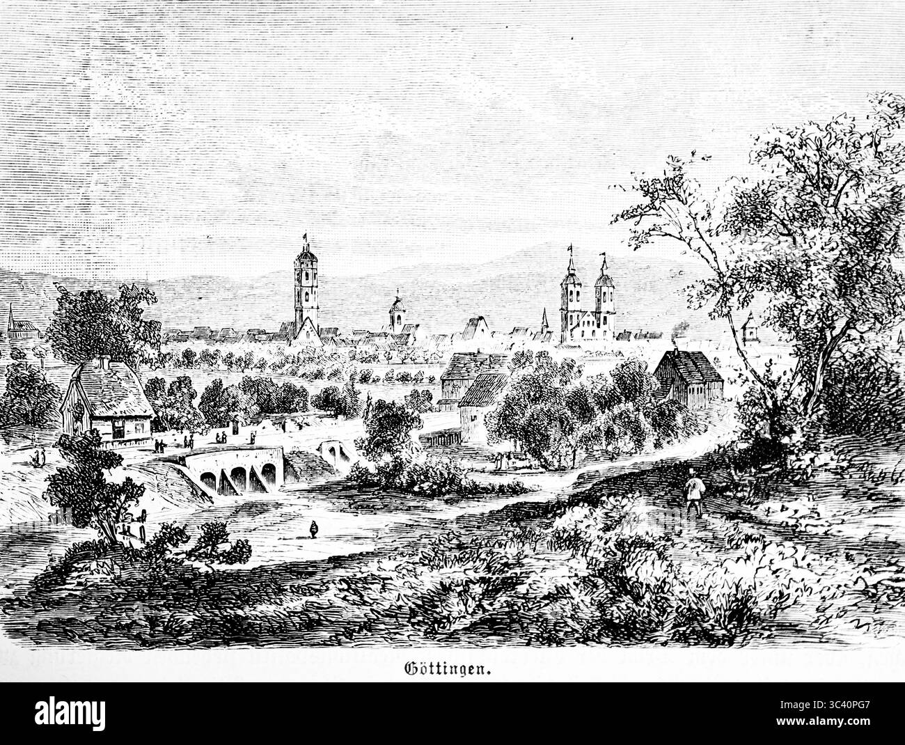 Stadtbild Göttingen an der Leine, Steinbrücke, Kirche mit Doppelturm, Landschaft, Niedersachsen, Deutschland, historische Illustration 1896 Stockfoto