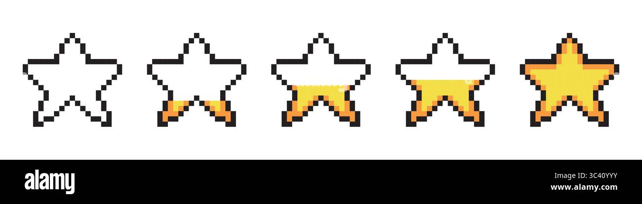 Sterne mit Pixeldesign. Goldener Stern im Retro-8-Bit-Arcade-Stil, Feedback-Rate-Symbole Vektorsatz. Stock Vektor