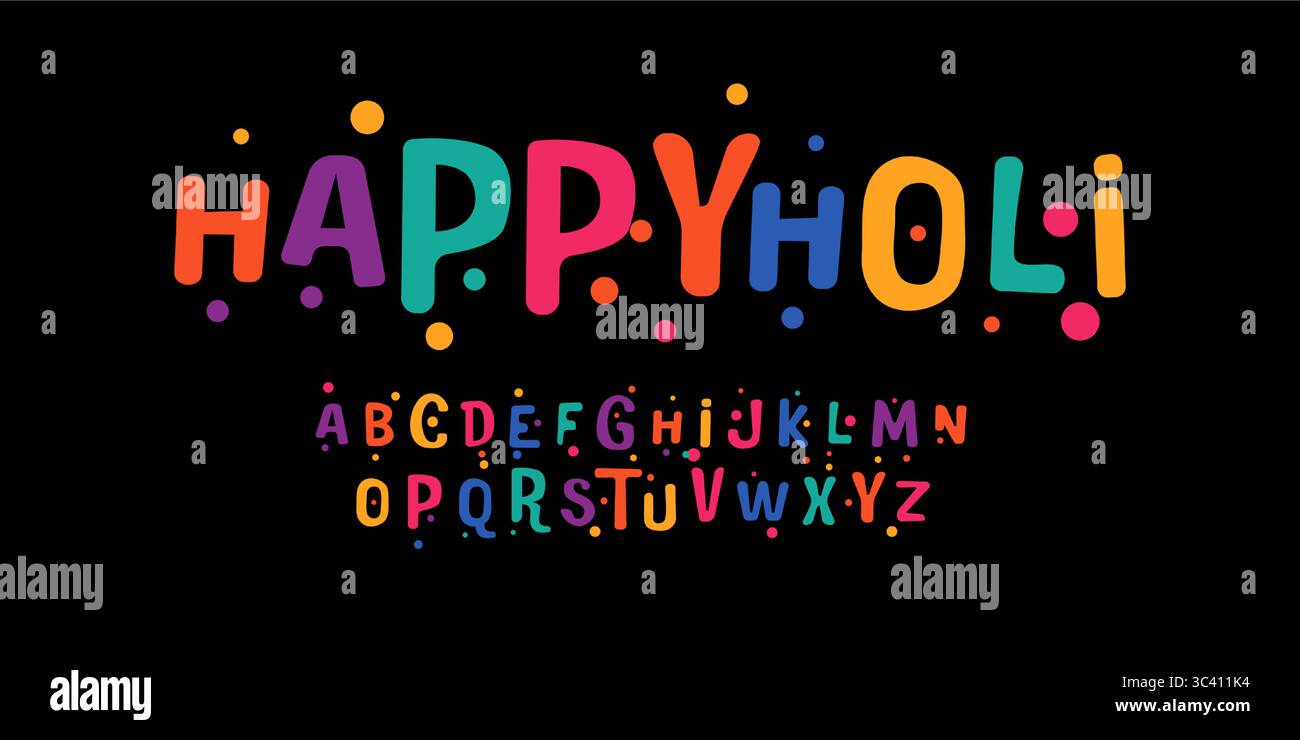 Festliches Regenbogenalphabet, bunte gepunktete Buchstaben, fröhliche Zeichentrickschrift für Partylogo, Kinderüberschrift, verspielte, lebendige dekorative Typografie. Indische Sprache Stock Vektor