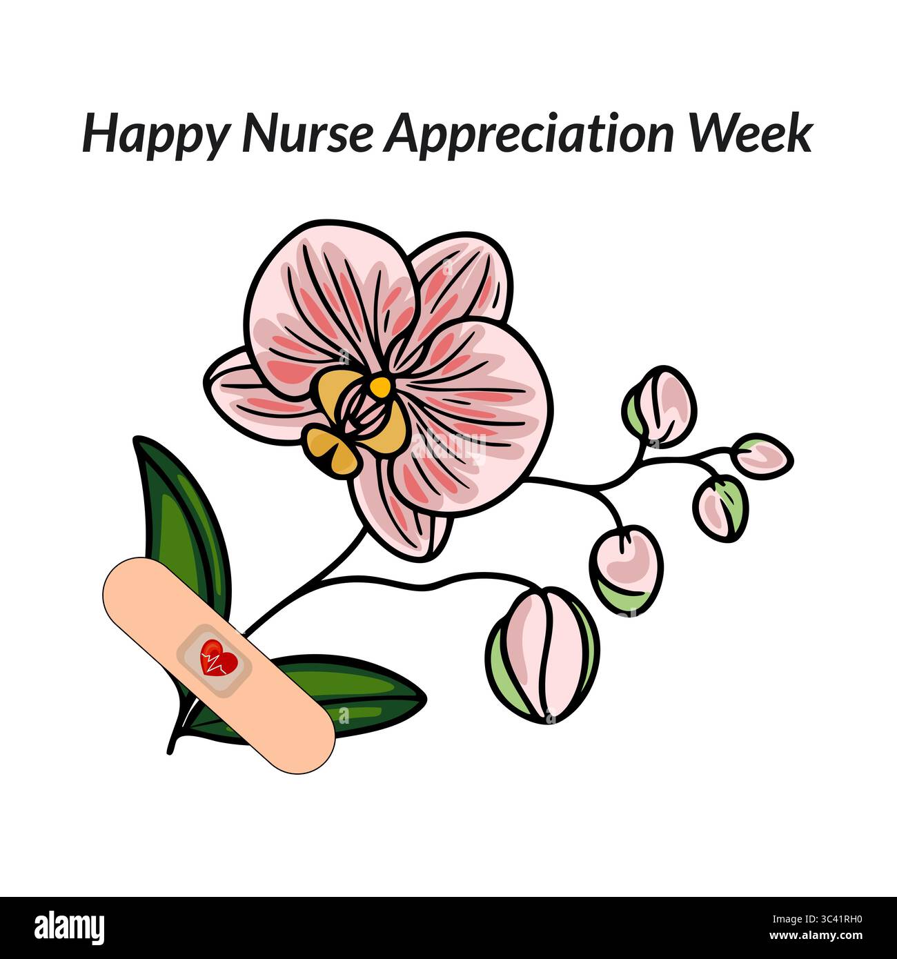 Eine farbenfrohe Vektor-Illustration mit einer rosa Orchideenblume mit grünen Blättern und Knospen, begleitet von einem Pflaster mit Herzdesign. Der Text wurde gelesen Stock Vektor