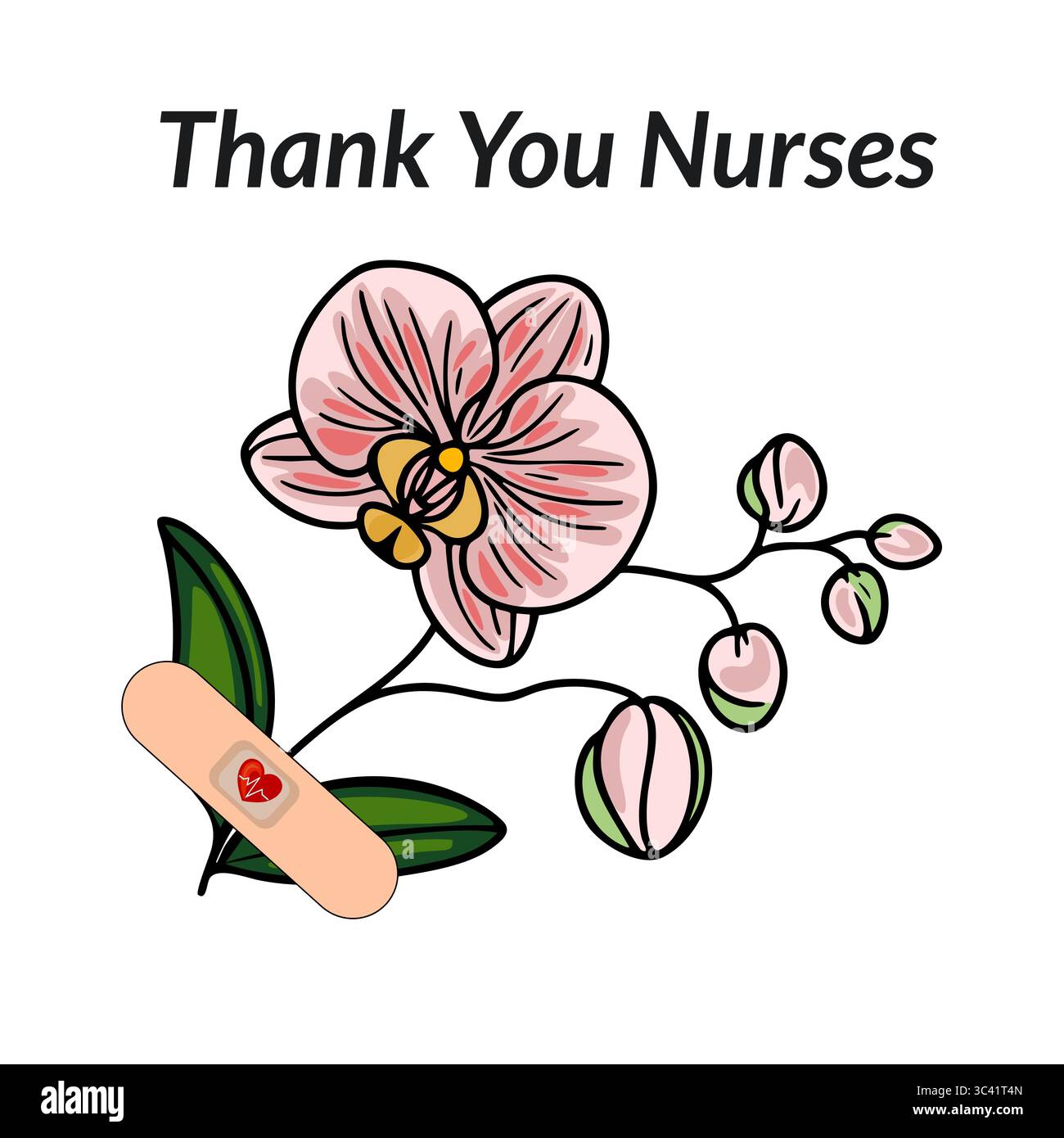 Eine stilisierte Vektor-Illustration mit einer rosa Orchideenblume mit zarten Blütenblättern und grünen Blättern. Ein Pflaster mit Herzdesign befindet sich in der Nähe des Stock Vektor