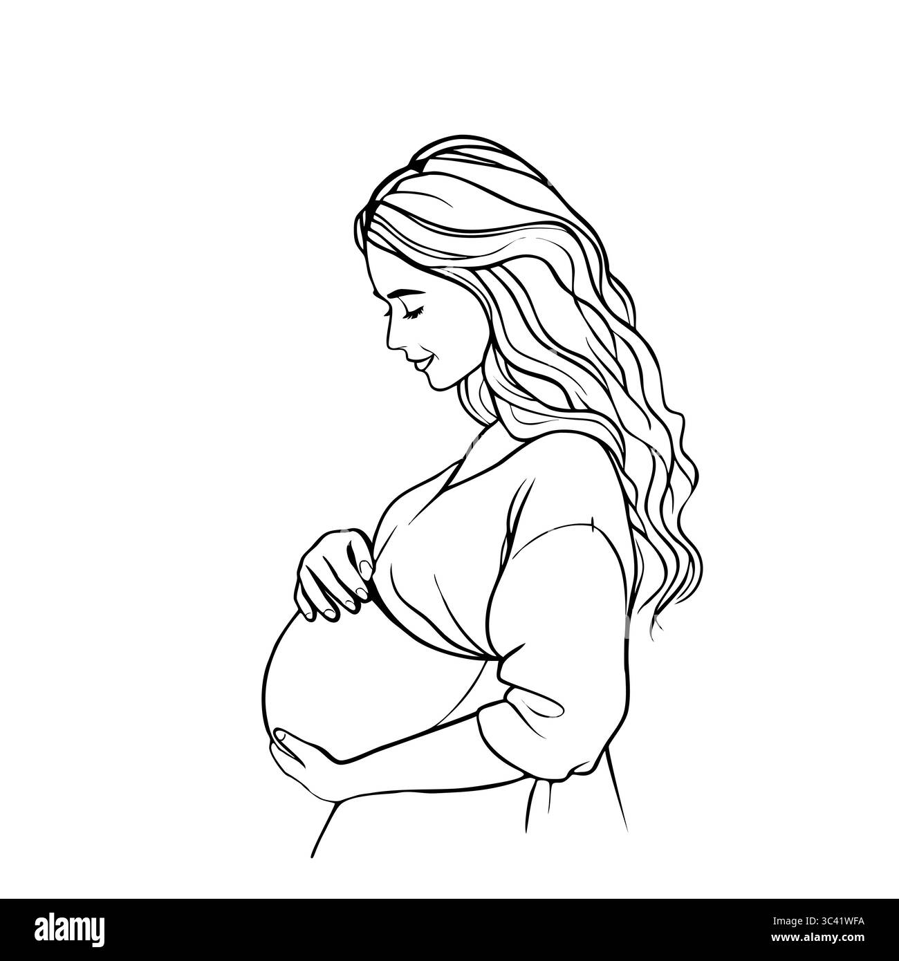 Schwangere Frau Vektorlinie Kunst Illustration auf weißem Hintergrund Stock Vektor