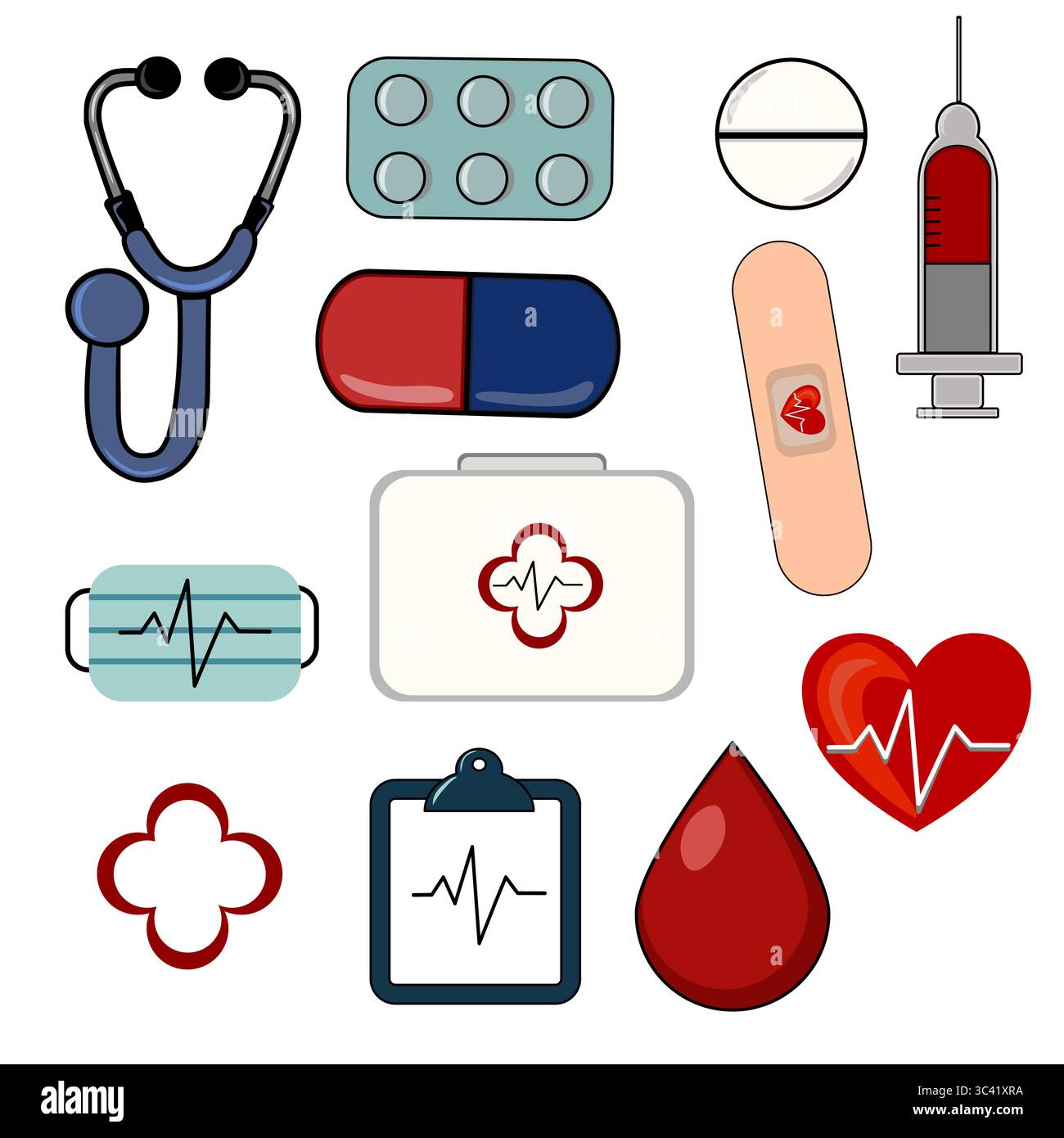 Eine Vektorsammlung medizinischer Ikonen einschließlich eines Stethoskops, Pillen, einer Spritze, einem Verband, einem medizinischen Kit, ein Herz mit einer Herzschlaglinie und einem Blut Stock Vektor