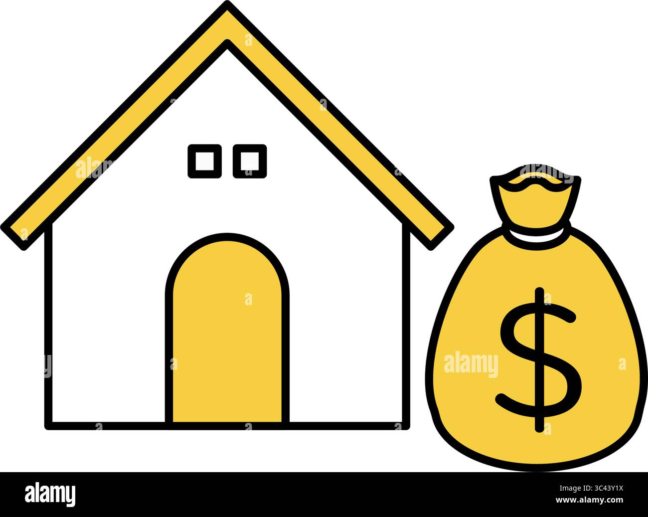 Haus- und Geldbeutel mit Hypothek einfache Linienzeichnung Symbol, Illustration von Wohnungsdarlehen und Finanzierung, Vektor-Illustration Stock Vektor