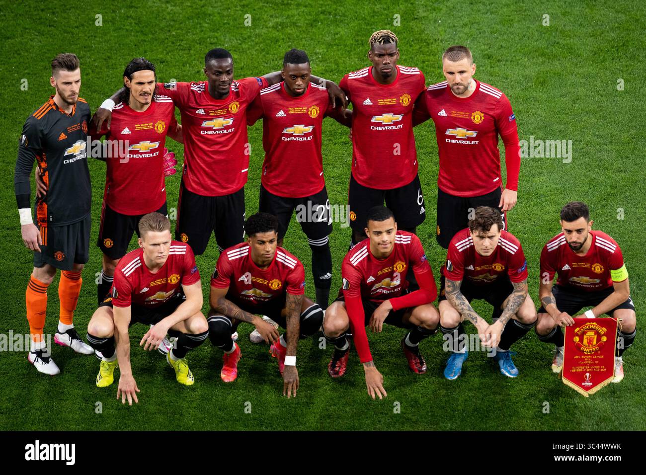 26. Mai 2021, Danzig, Polen: Team von Manchester United (David de Gea, Edison Cavani, Eric Bailly, Aaron Wan Bissaka, Paul Pogba, Luke Shaw, Scott McTominay, Marcus Rashford, Mason Greenwood, Victor Lindelof, Bruno Fernandes) in Aktion während des Endspiels der UEFA Europa League zwischen Manchester United und Villarreal CF in der Polsat Plus Arena in Danzig (Foto: © Mateusz Slodkowski/ZUMA Wire) Stockfoto