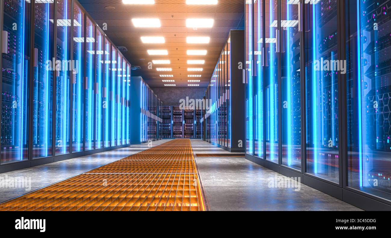 Modernes Rechenzentrum mit Server-Racks 3D Stockfoto