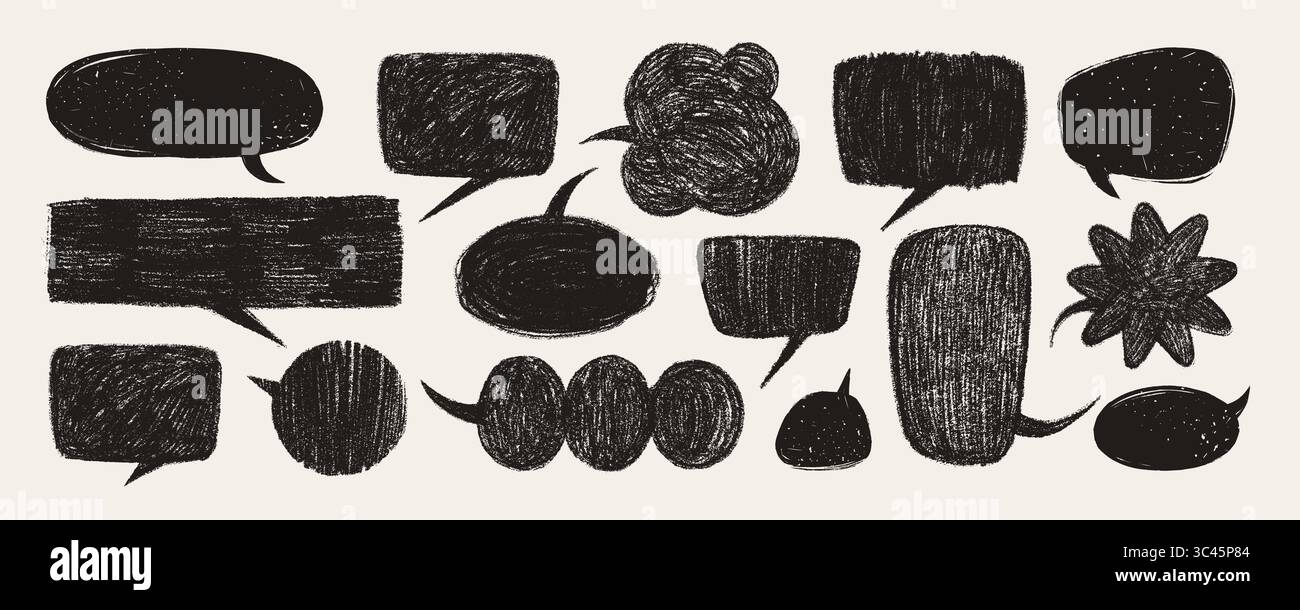 Buntstift-Sprechblasen-Vektor in Schwarz mit rauer Textur auf hellem Hintergrund. Handgezeichnete Sprech- und Textelemente im skizzenhaften Cartoon-Stil. Perfekt Stock Vektor