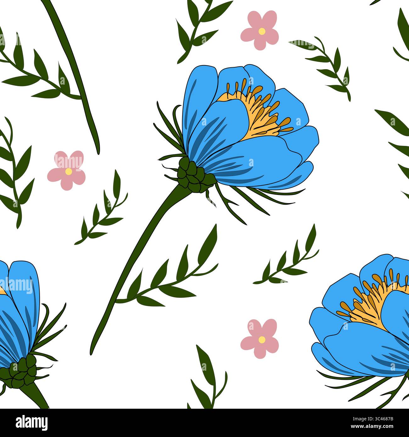 Ein nahtloses Blumenmuster des Vektors mit blauen Blumen mit gelben Mittelpunkten, umgeben von grünen Blättern und kleinen rosa Blumen auf einem weißen Hintergrund. Stock Vektor