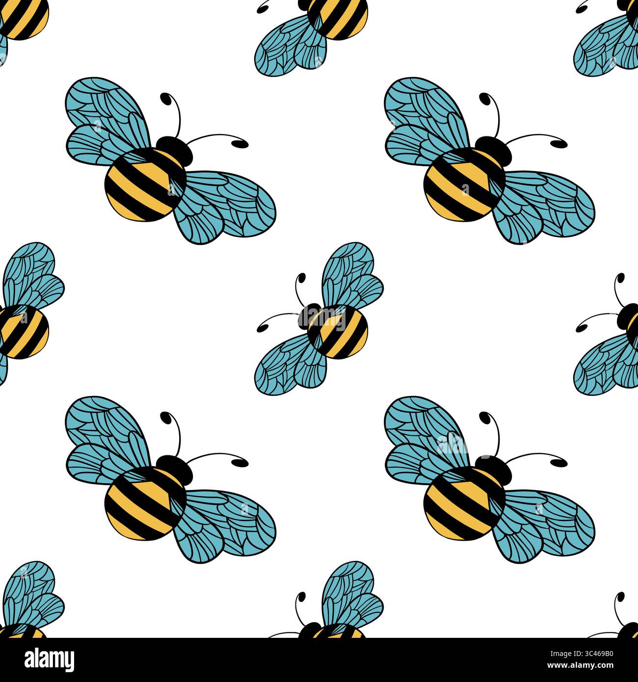 Nahtloser Mustervektor mit handgezeichneten Cartoon-Honigbienen mit gelb und schwarz gestreiften Körpern und detaillierten blauen Flügeln auf weißem Hintergrund Stock Vektor