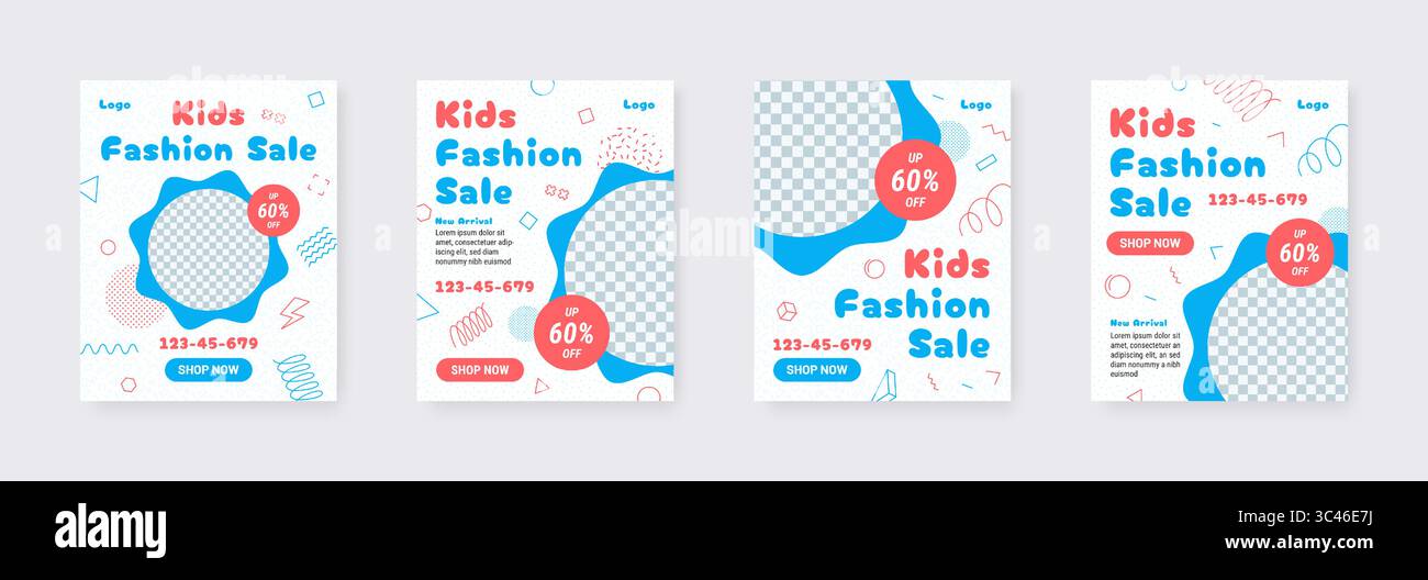 Untergeordnete Banner. Post in sozialen Medien. Online-Fashion-Flyer oder Werbeaktion für Kreativgeschäfte. Niedliches Logo für Kleinkinder. Transparenter Kreisrahmen. Einkaufsangebot für Kinder. Vektorrabatt-Werbelayouts festgelegt Stock Vektor