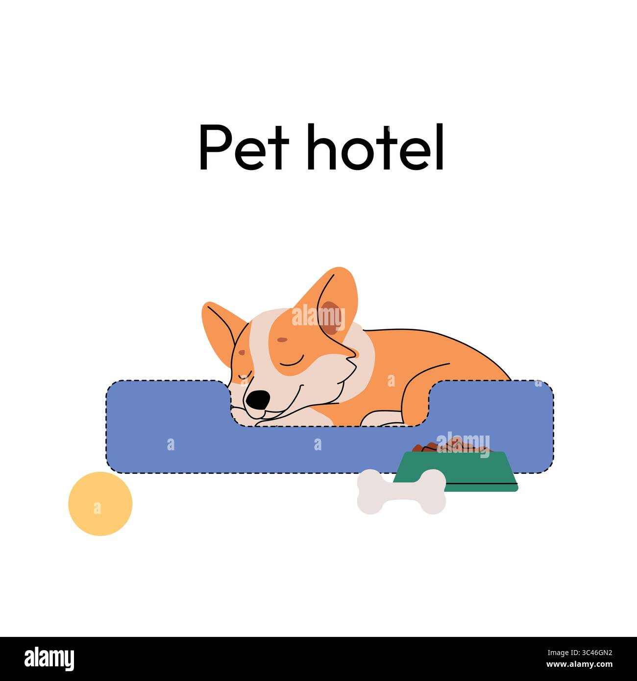 Illustration eines schlafenden Corgi in einem Haustierhotel auf einem gemütlichen blauen Bett. In der Nähe befinden sich eine Essensschale, ein Knochen und ein Ball, die Komfort und Pflege symbolisieren Stock Vektor