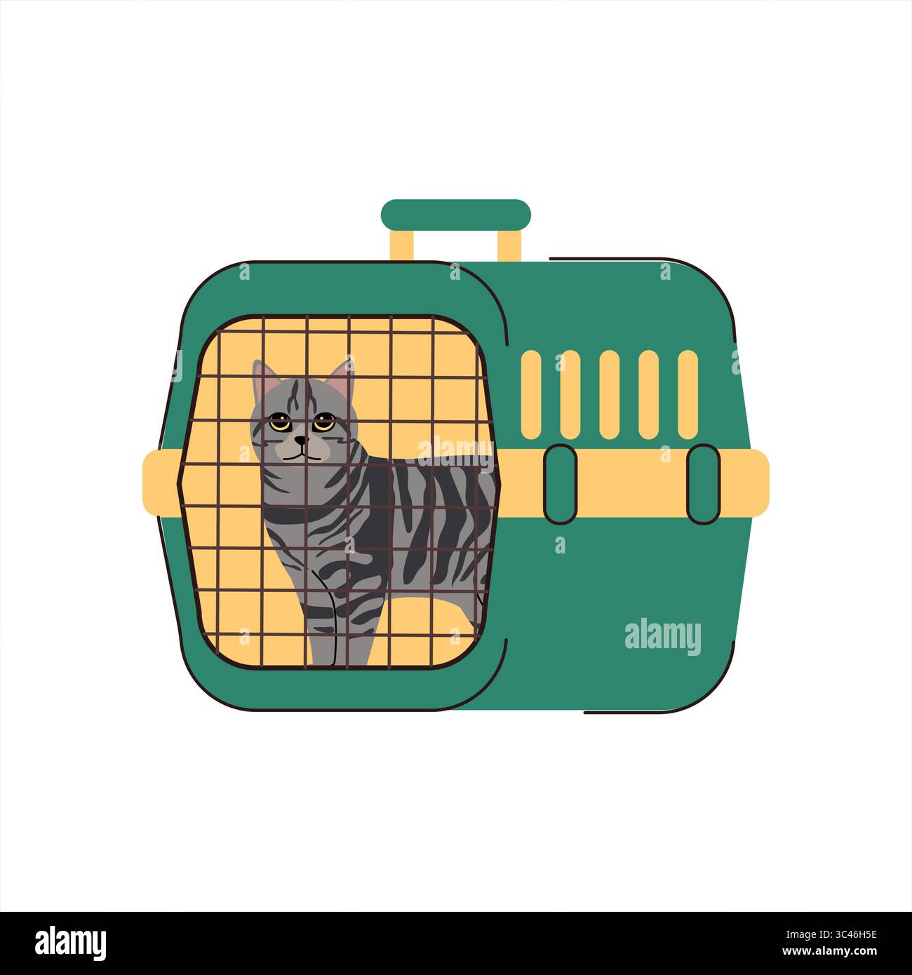 Abbildung einer Tabby-Katze in einem grün-gelben Tierträger. Konzept für das Reisen von Haustieren, den sicheren Transport und die mobile Tierpflege während der Reise oder Stock Vektor