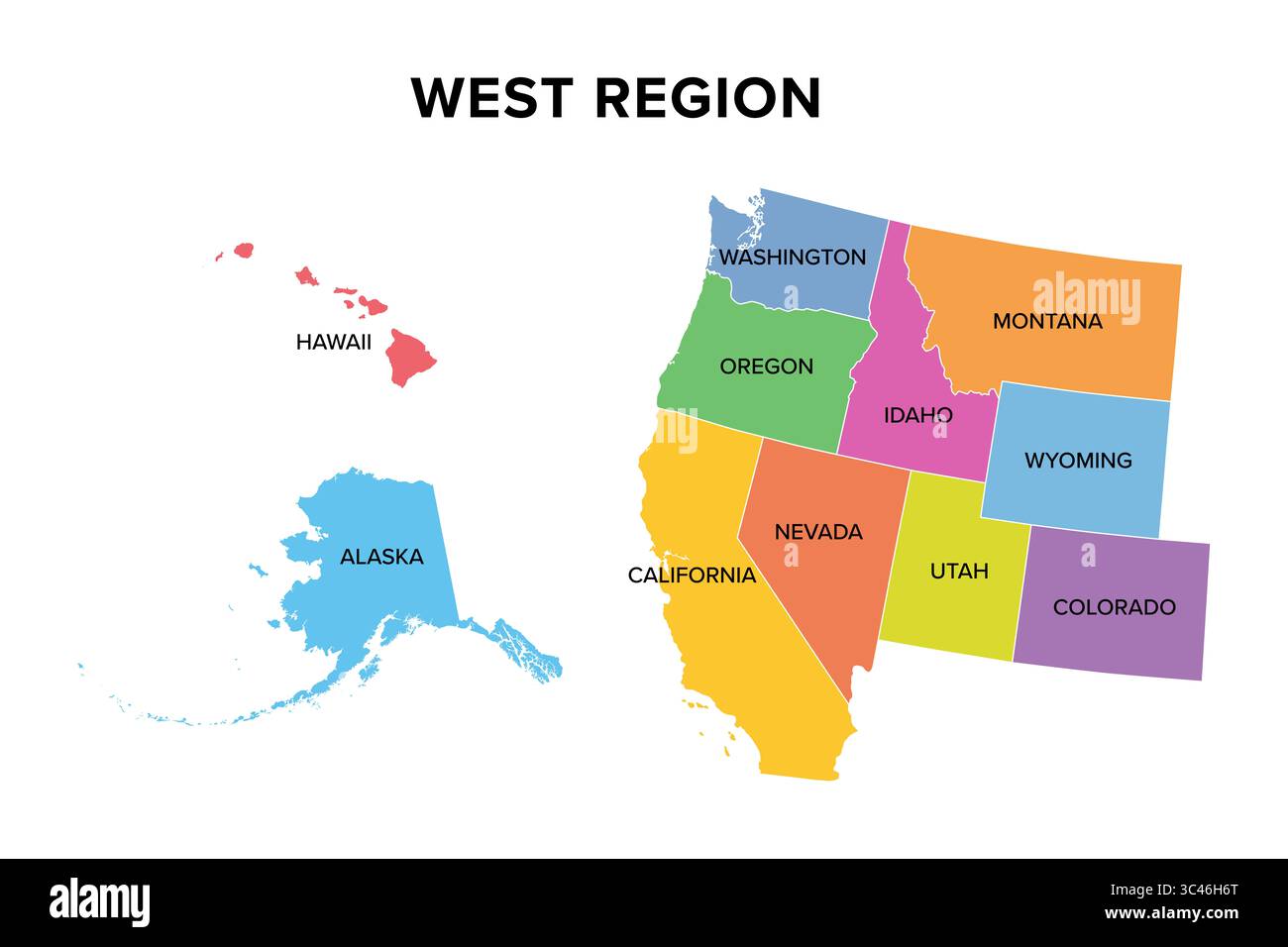 West Region der Vereinigten Staaten, mehrfarbige Karte. Geografische Region der USA, bestehend aus neun angrenzenden bundesstaaten, Alaska und Hawaii. Stockfoto