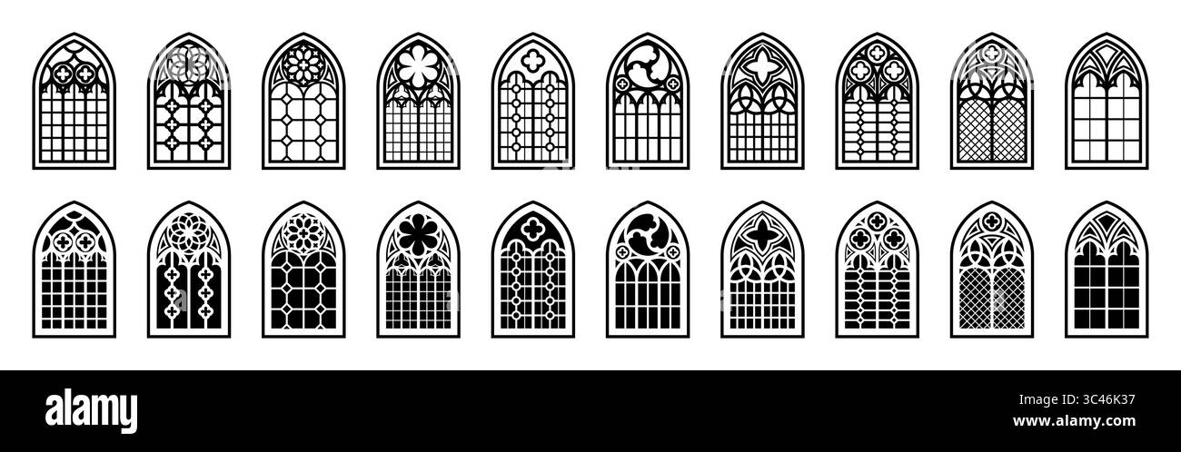 Gotische Fenster. Glasfenster. Kirchenbogen, katholischer Dom oder mittelalterliche Architektur in schwarzer Silhouette. Renaissance-Kunst, religiöse Mosaikornamente für Schloss und Palast. Vektorsymbole Stock Vektor