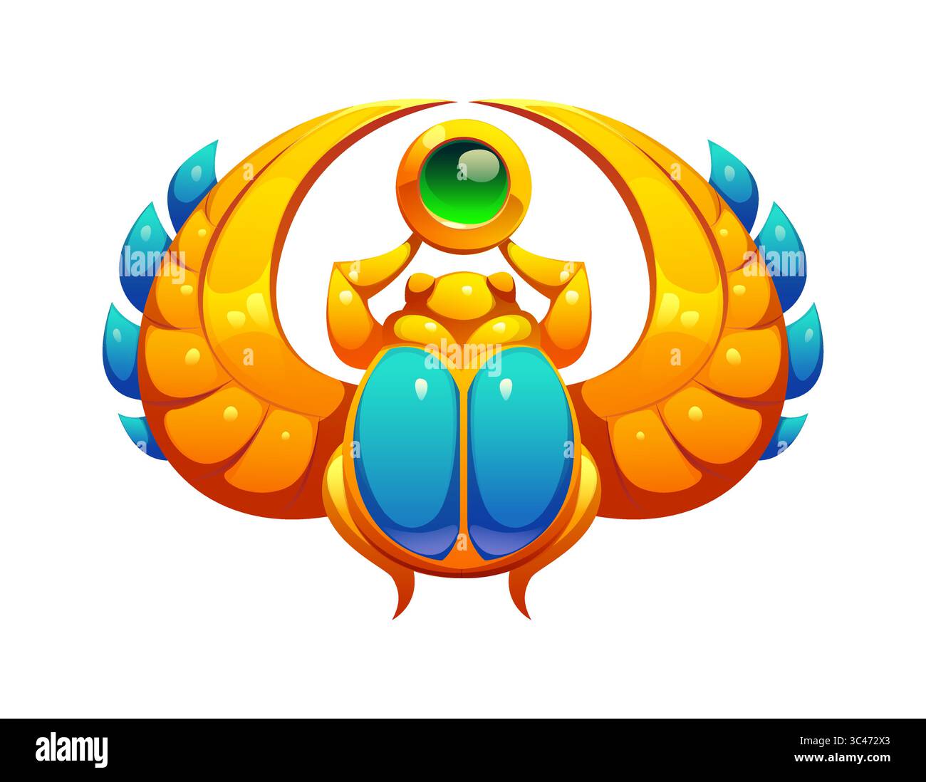 Zeichentrickkäfer mit goldenen Flügeln und einer leuchtend grünen Kugel, die ägyptische Spielikone und einen alten ägyptischen Schatz darstellt. Isoliertes Vektorsymbol für Schutz, Transformation und Wiedergeburt Stock Vektor