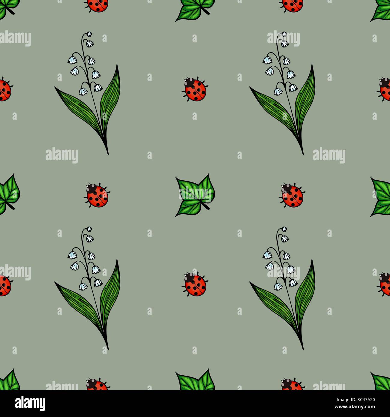 Ein nahtloses Vektormuster mit handgezeichneten Illustrationen von Maiglöckchen, grünen Blättern und roten Marienkäfern auf einem gedämpften grünen Hintergrund Stock Vektor
