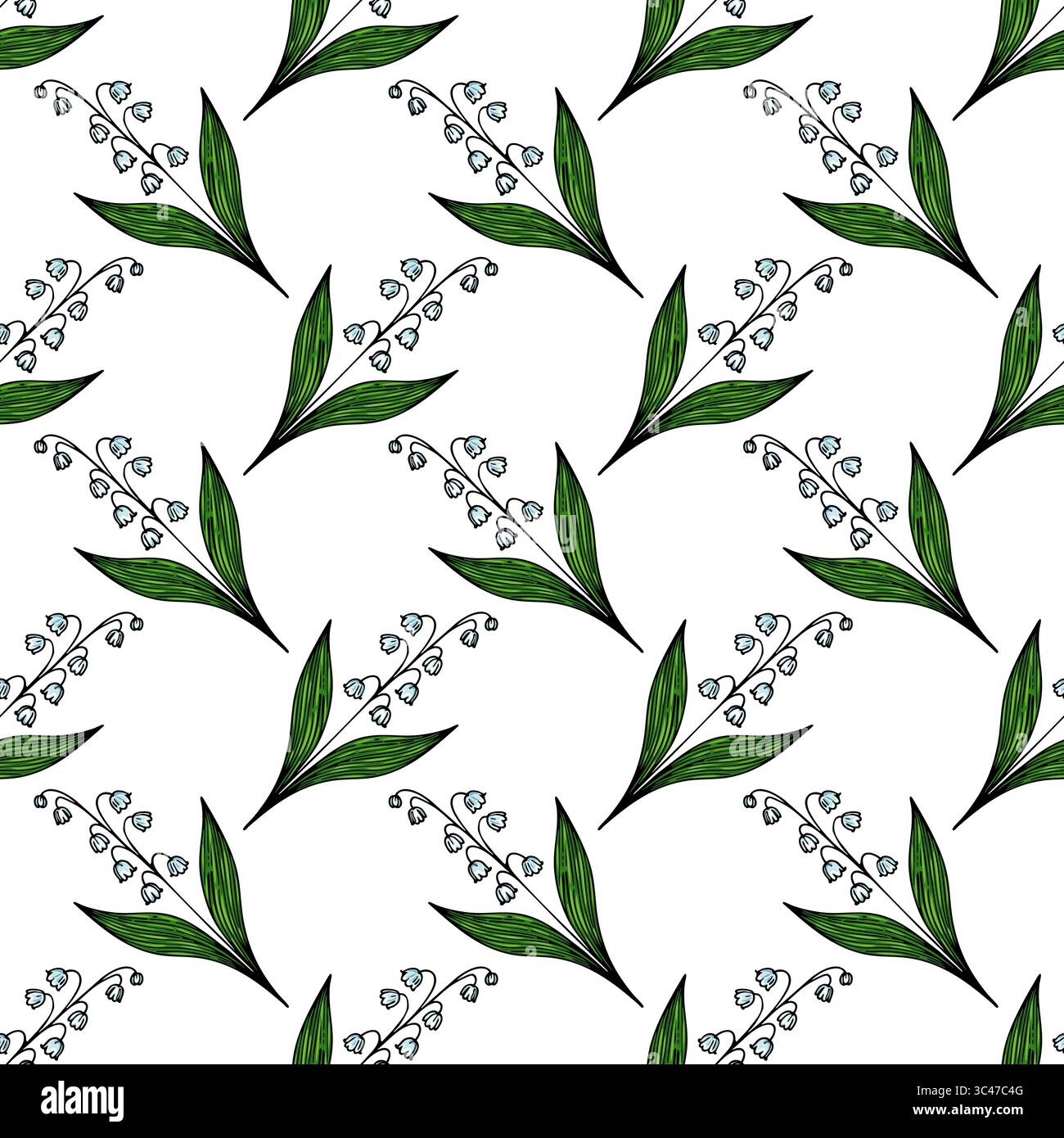 Ein nahtloses Blumenmuster mit zarten Maiglöckchen und grünen Blättern auf weißem Hintergrund. Stock Vektor