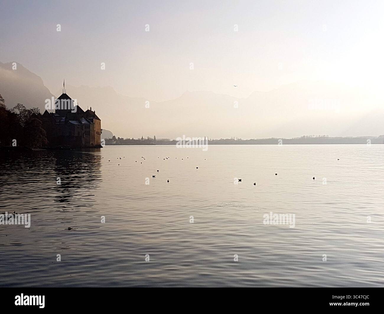 Idyllische und friedliche Winterabendstimmung am Genfer See mit Schloss Chillon im Hintergrund Stockfoto