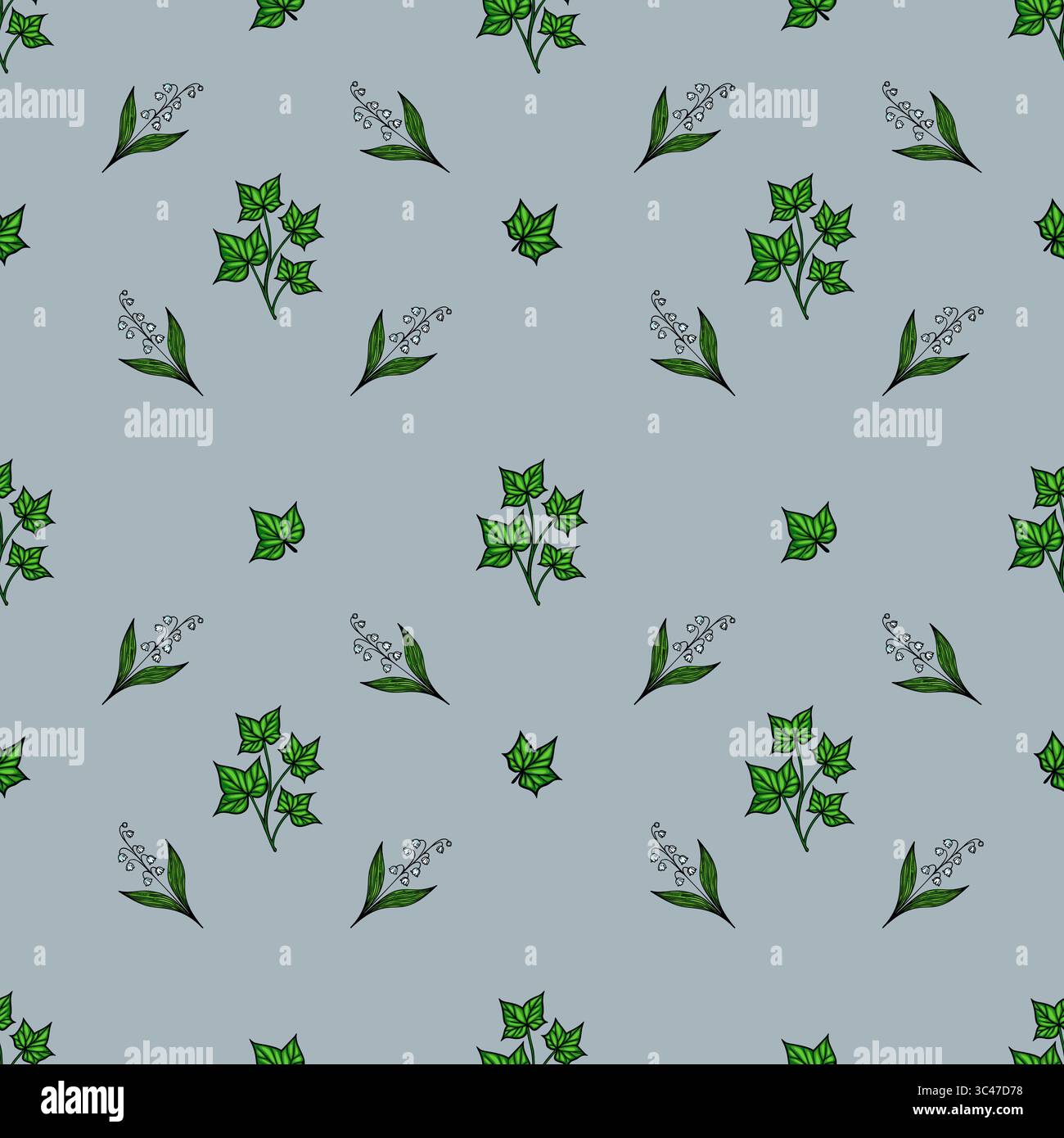 Ein nahtloses Vektormuster mit verschiedenen grünen Blättern und kleinen Blumenelementen auf hellblauem Hintergrund. Das Design ist einfach und elegant, passend Stock Vektor