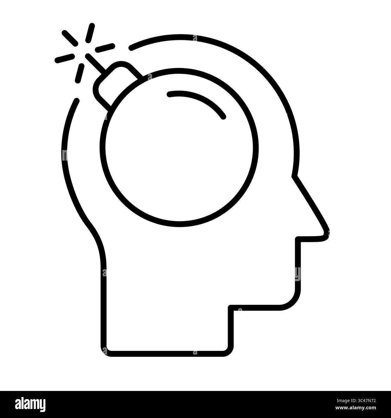 Kopf mit einem Symbol für die Bombenlinie. Migräne. Stress-, Burnout- und Kopfschmerzkonzept. Emotionale Überlastung im modernen Lebens- und Arbeitsumfeld. Psychische Belastung Stock Vektor