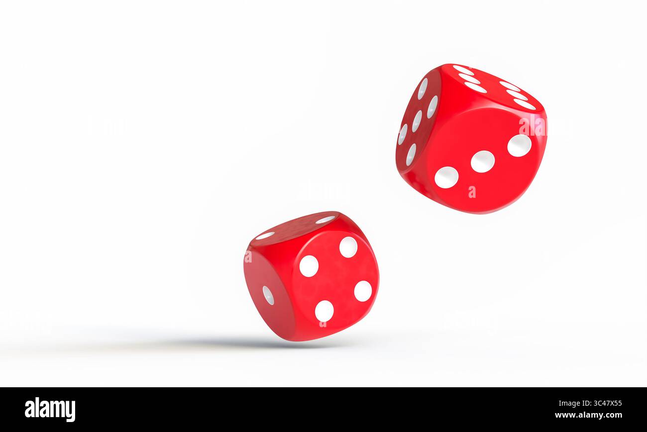 Zwei rote Würfel fallen auf weißen Hintergrund 3d Stockfoto