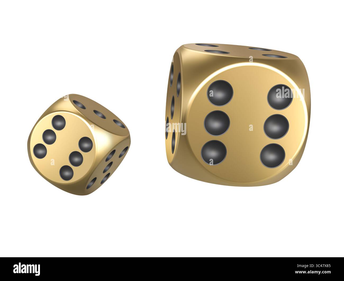 3D-Darstellung von zwei goldenen Würfeln transparenten Hintergrund Stockfoto