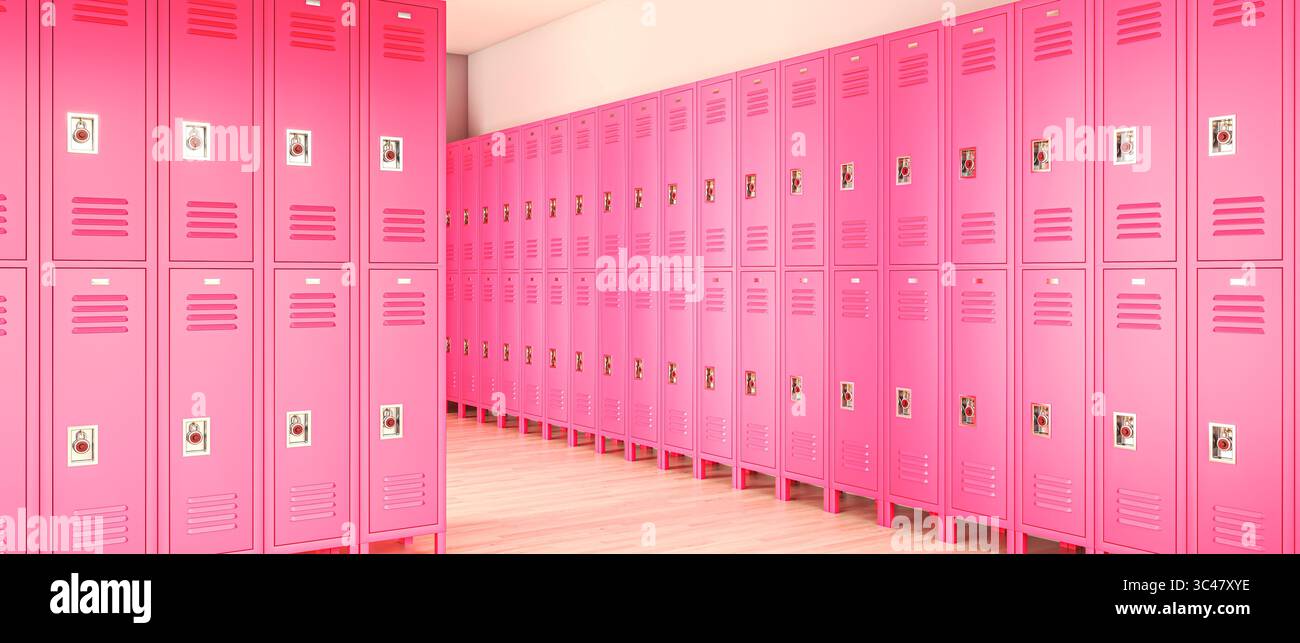 Rosafarbene Schließfächer 3. Schule Gym Flur Hintergrund Stockfoto