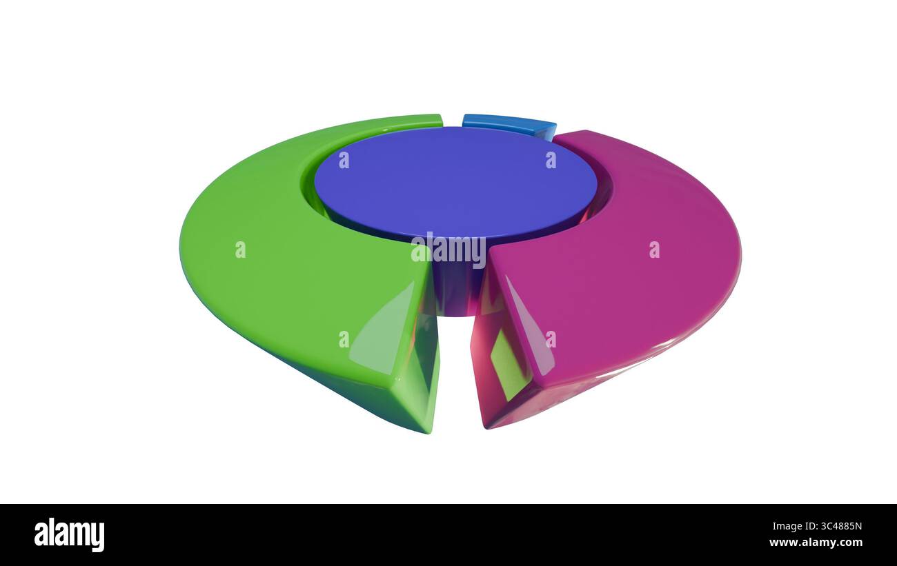 Modernes 3D-Logo eines Tortendiagramms mit glänzenden pastellfarbenen Segmenten in Grün, Rosa und Blau, die um einen zentralen kreisförmigen Kern angeordnet sind. Stockfoto