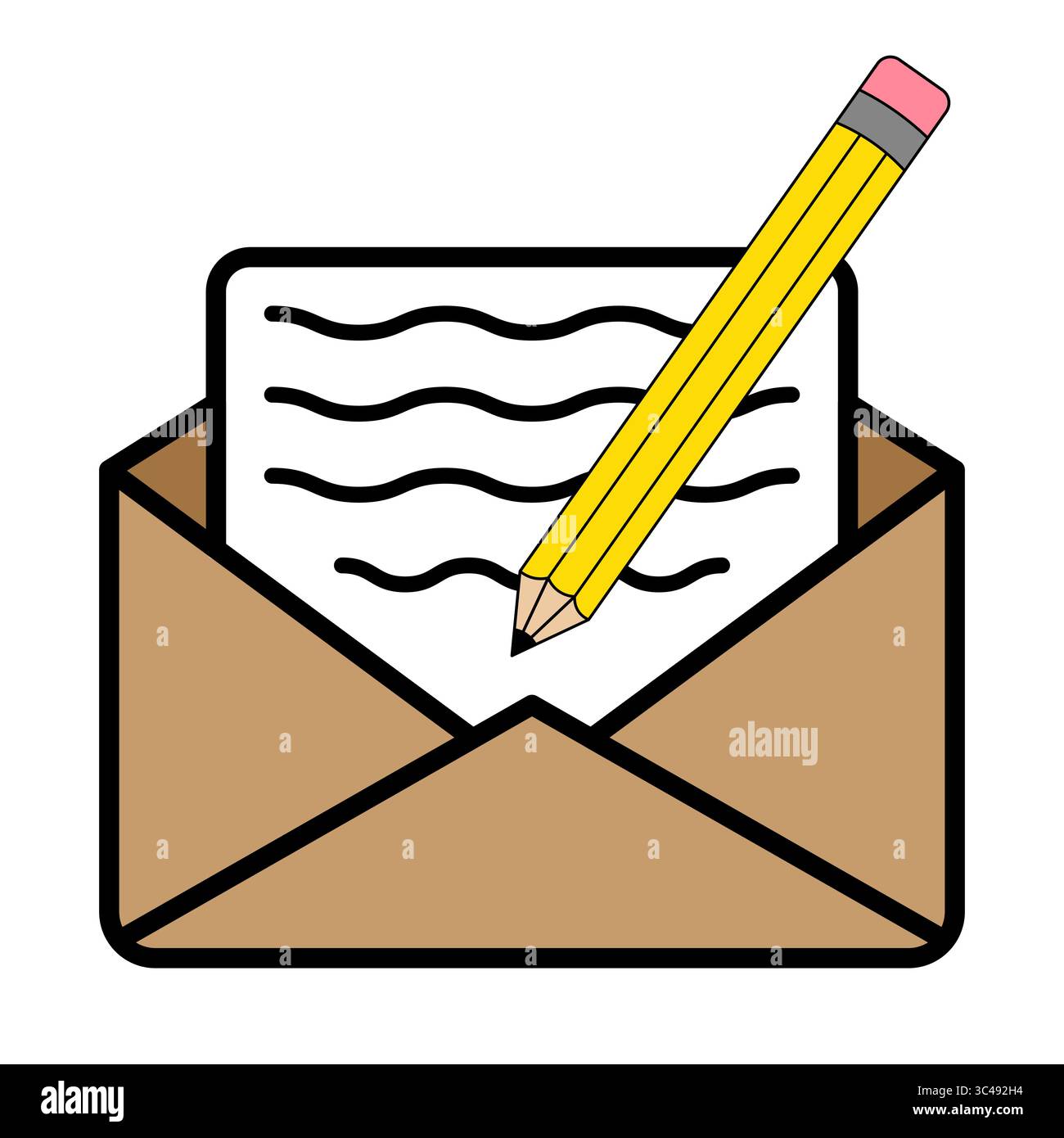 Bleistift schreibt Brief in offener Umschlag Vektor-Illustration. Ein gelber Bleistift, der auf ein Blatt Papier in einem offenen braunen Umschlag schreibt. Stock Vektor