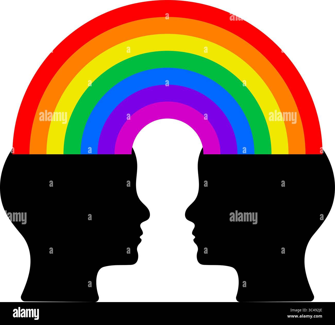 Vernetzte Köpfe Regenbogen. Symbol für Einheit, Kommunikation und gemeinsames Denken. Vektor-Illustration von zwei schwarzen menschlichen Kopf-Silhouetten, die einander gegenüberliegen Stock Vektor