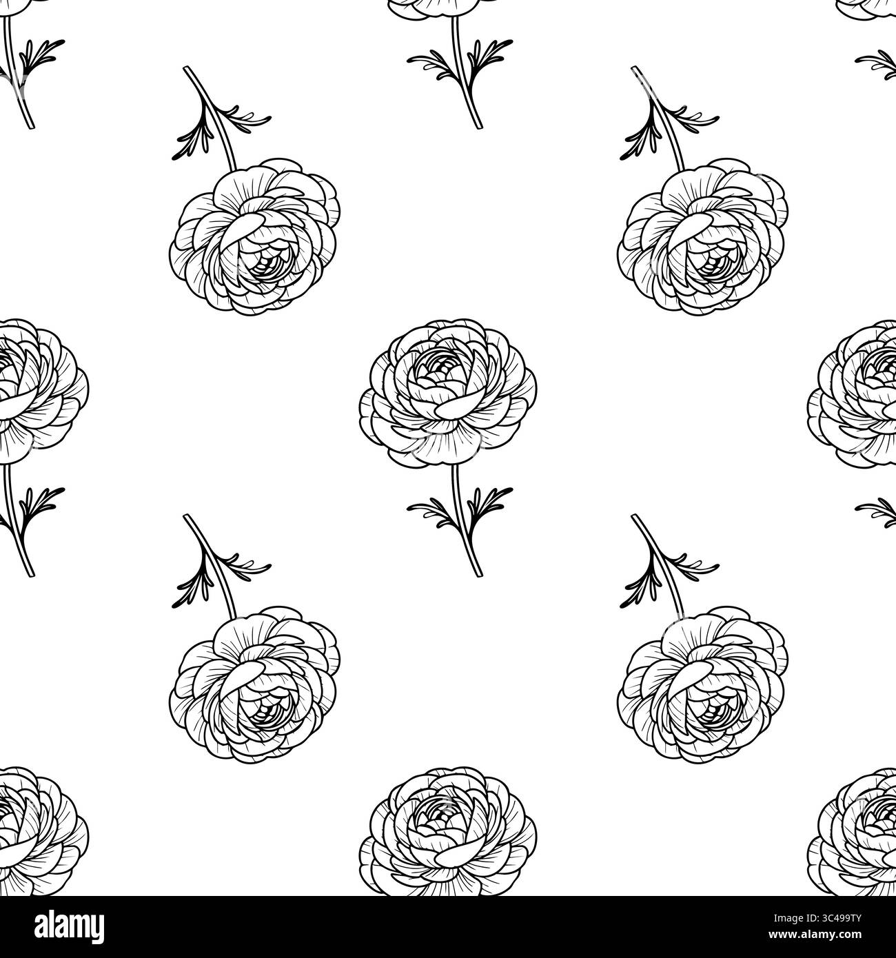 Ein nahtloses Vektor-Muster mit handgezeichneten Blumen mit komplizierten Details auf weißem Hintergrund. Das Design zeigt verschiedene Anordnungen des Stock Vektor