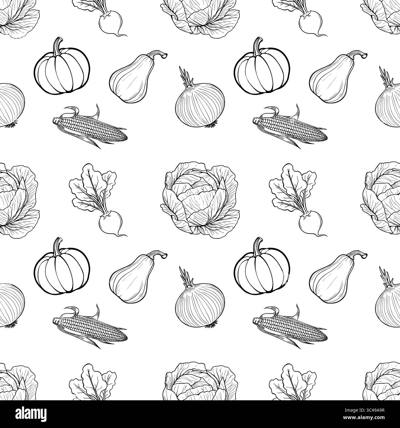 Ein nahtloses Vektor-Muster mit handgezeichnetem Gemüse einschließlich Kürbisse, Kürbis, Tomaten, Mais, Zwiebeln, Radieschen und Kohl auf einem weißen Hintergras Stock Vektor
