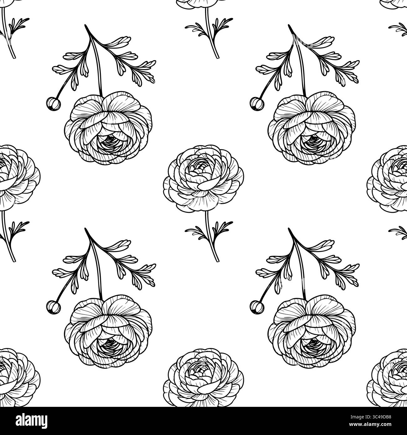 Ein nahtloses Vektormuster mit handgezeichneten Blumen mit komplizierten Details. Das Design umfasst verschiedene Blumenelemente, die symmetrisch auf einem angeordnet sind Stock Vektor