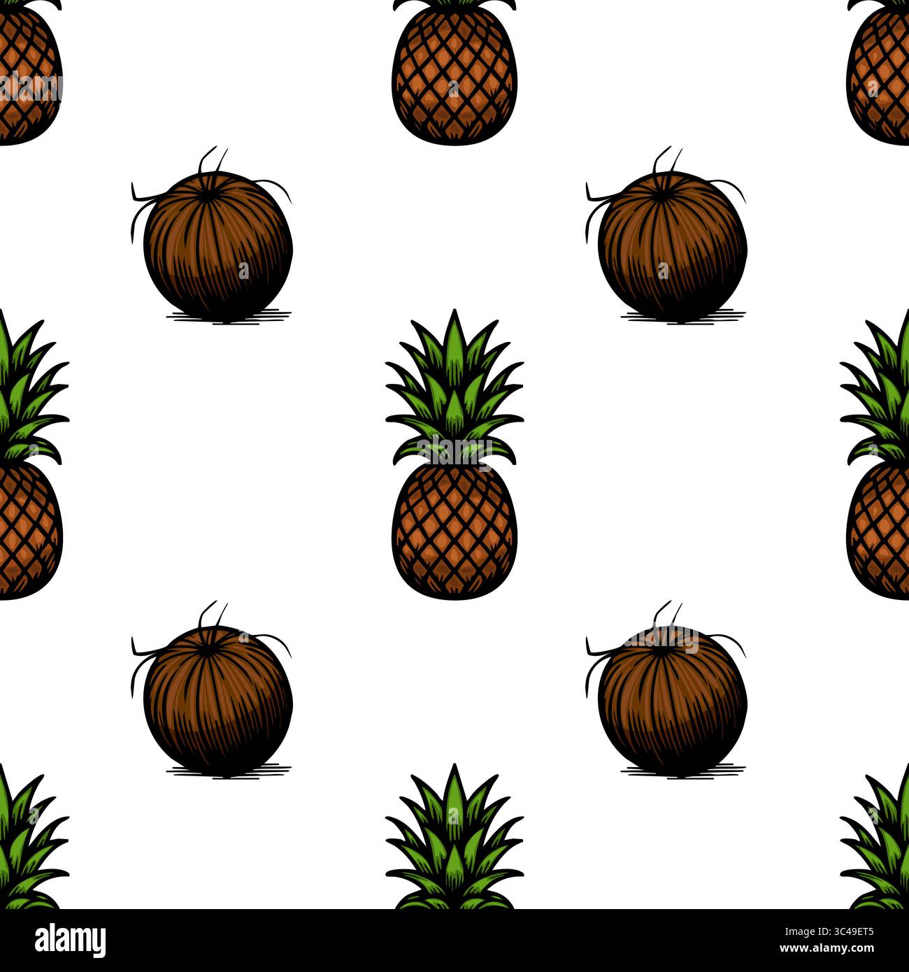 Ein nahtloses Vektormuster mit Ananas und braunen Kokosnüssen auf weißem Hintergrund. Die Ananas sind mit grünen Blättern und einer Textur dargestellt Stock Vektor