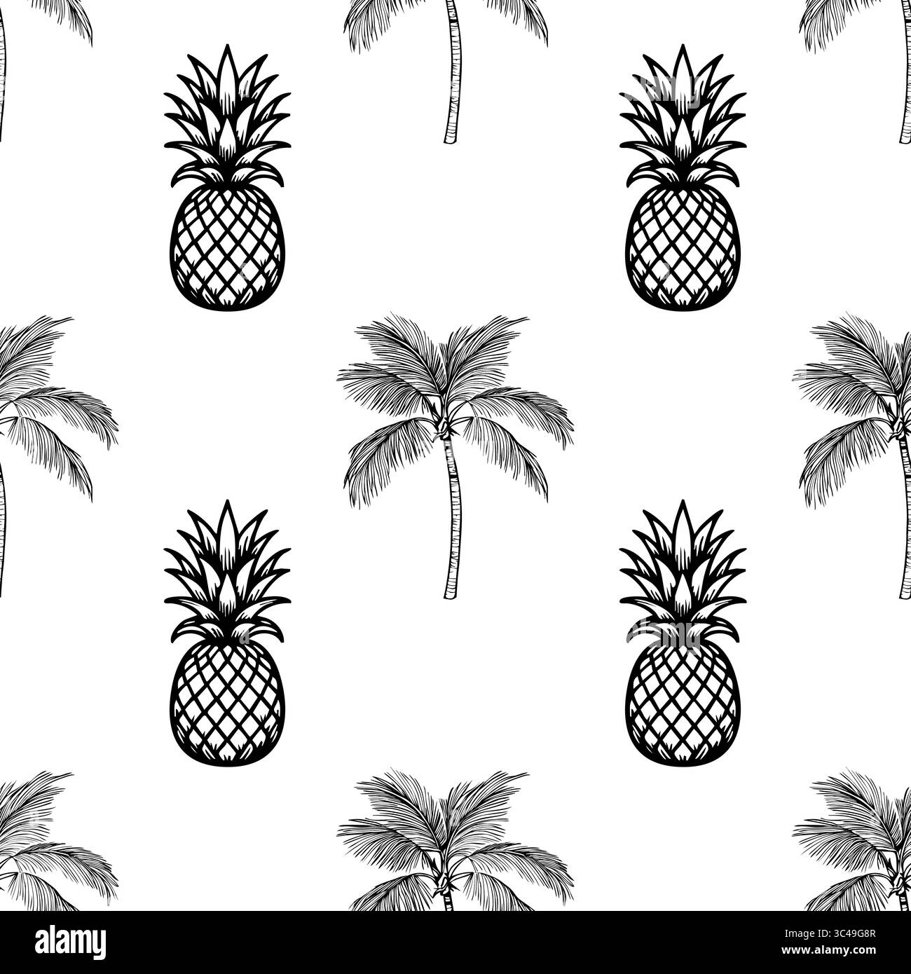 Ein nahtloses Vektormuster mit handgezeichneten Ananas und Palmen auf weißem Hintergrund. Das Design ist verspielt und tropisch, passend für Summen Stock Vektor