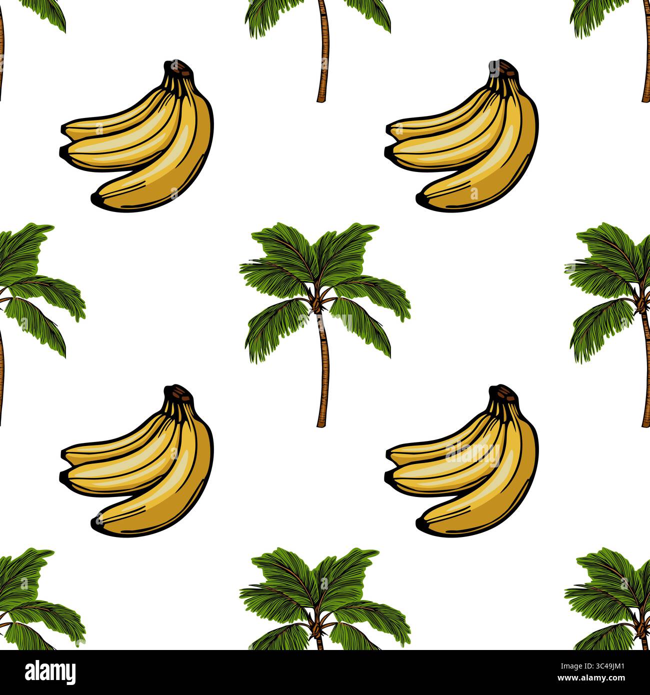 Ein nahtloses Vektormuster mit Illustrationen von Bananen und Palmen auf weißem Hintergrund. Die Bananen sind in Gruppen dargestellt, während der Kumpel Stock Vektor