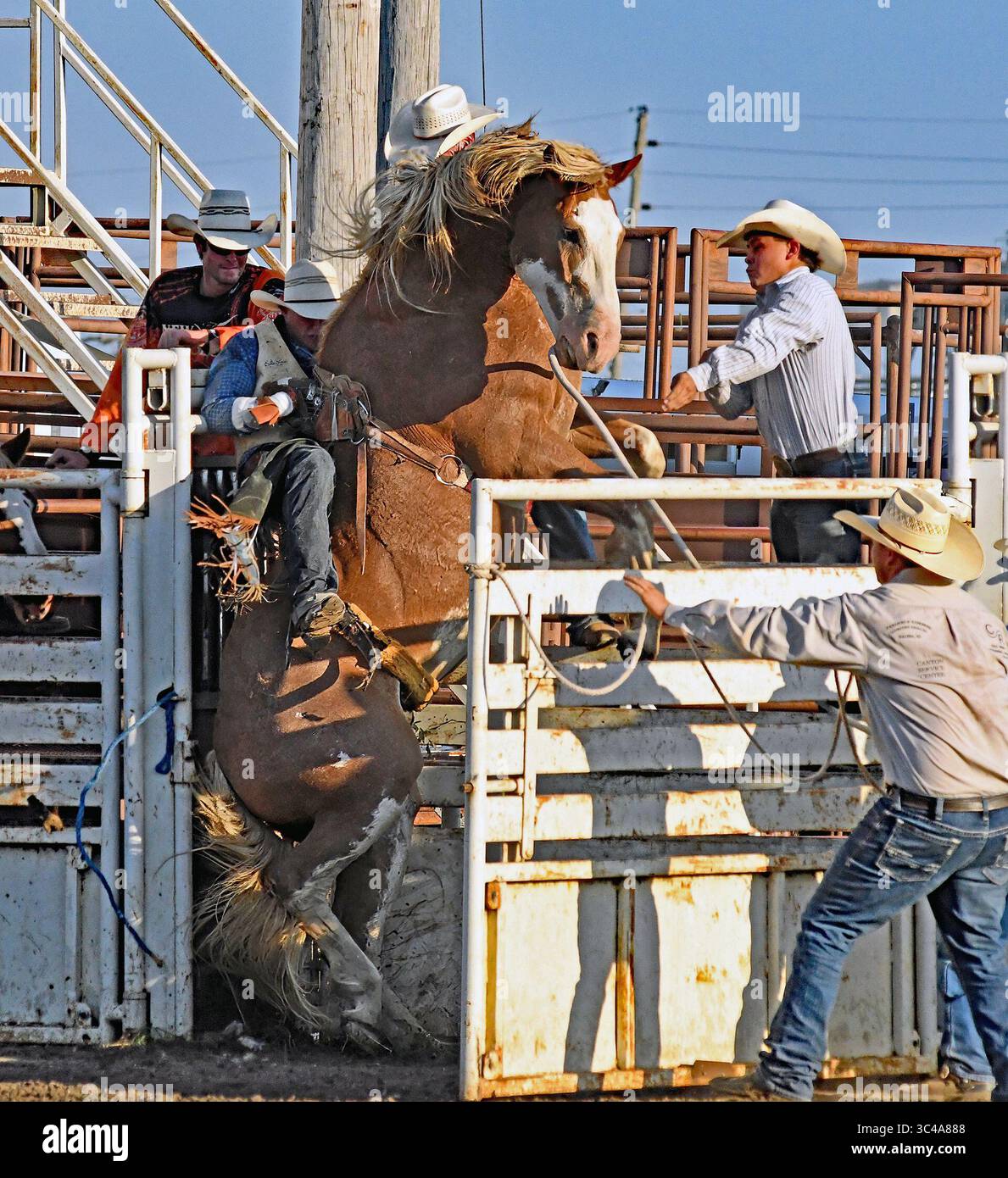 EMPORIA KANSAS, USA - 27. JULI 2025 Bareback-Fahrer der Central Plains Rodeo Association sind die Eröffnungsveranstaltung der diesjährigen Lyon County Fair. Stockfoto