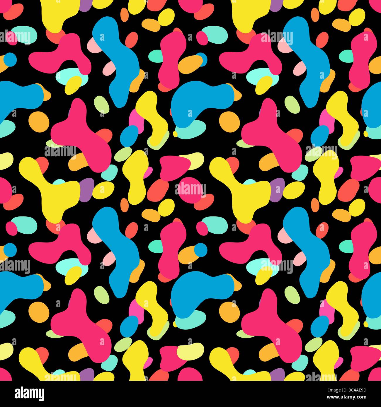 Ein lebhaftes abstraktes Vektormuster mit bunten Formen in Pink, Blau, Gelb und Grün auf schwarzem Hintergrund. Das Design ist verspielt und mod Stock Vektor