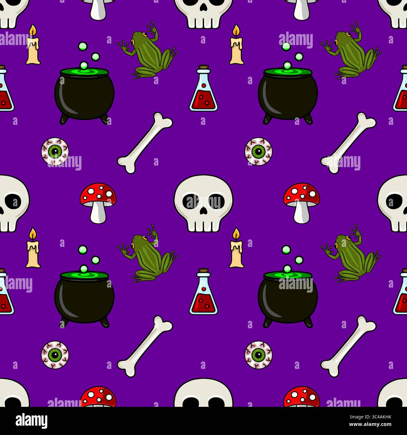 Nahtlose Vektor Halloween Muster mit Cartoon Schädel, Frösche, Kessel, Kerzen, Knochen, Augäpfel und Pilze auf violettem Hintergrund, ideal für spo Stock Vektor