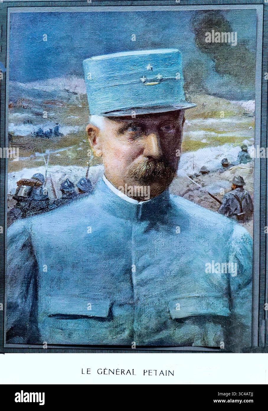 Gedrucktes Farbporträt von General Philippe Pétain, zu Beginn seines Kommandos in Verdun in L’Illustration, 11. März 1916. In französischem Militärblau mit Truppen im Hintergrund spiegelt die Illustration die öffentliche Verwertung von Pétain während des Ersten Weltkriegs wider. Als Kommandeur des Verdun-Sektors wurde Pétain vor seinem späteren umstrittenen Vermächtnis zu einem nationalen Symbol des Widerstands. Stockfoto