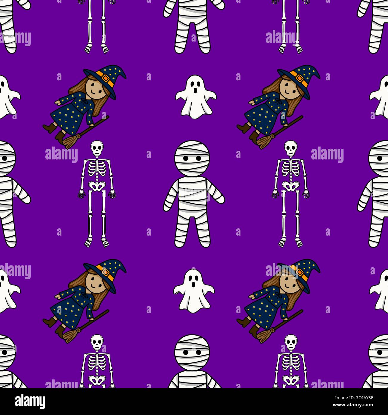 Nahtloses Vektor-Halloween-Muster mit niedlichen Cartoon-Mumien, Skeletten, Hexen und Geistern auf einem leuchtenden lila Hintergrund, perfekt für festliches Design Stock Vektor