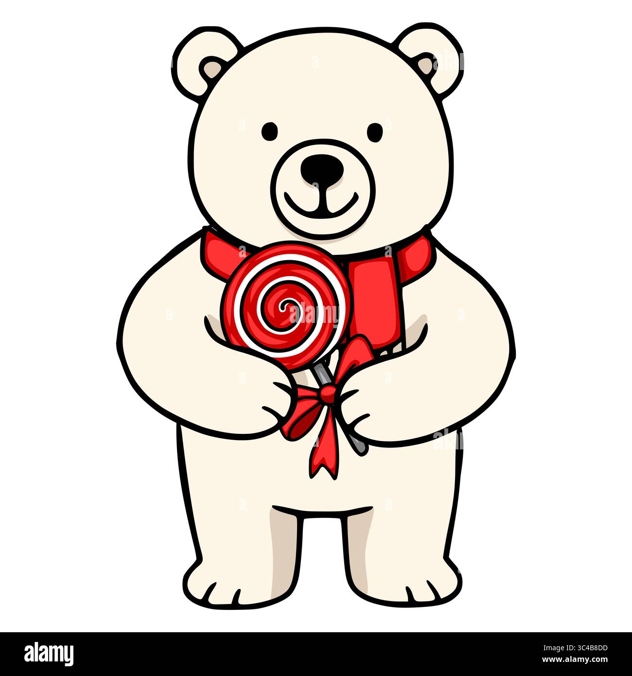 Entzückende Vektor-Illustration eines Eisbären, der einen roten Schal trägt und einen roten und weißen Lutscher hält, der mit einem roten Band gebunden ist. Stock Vektor