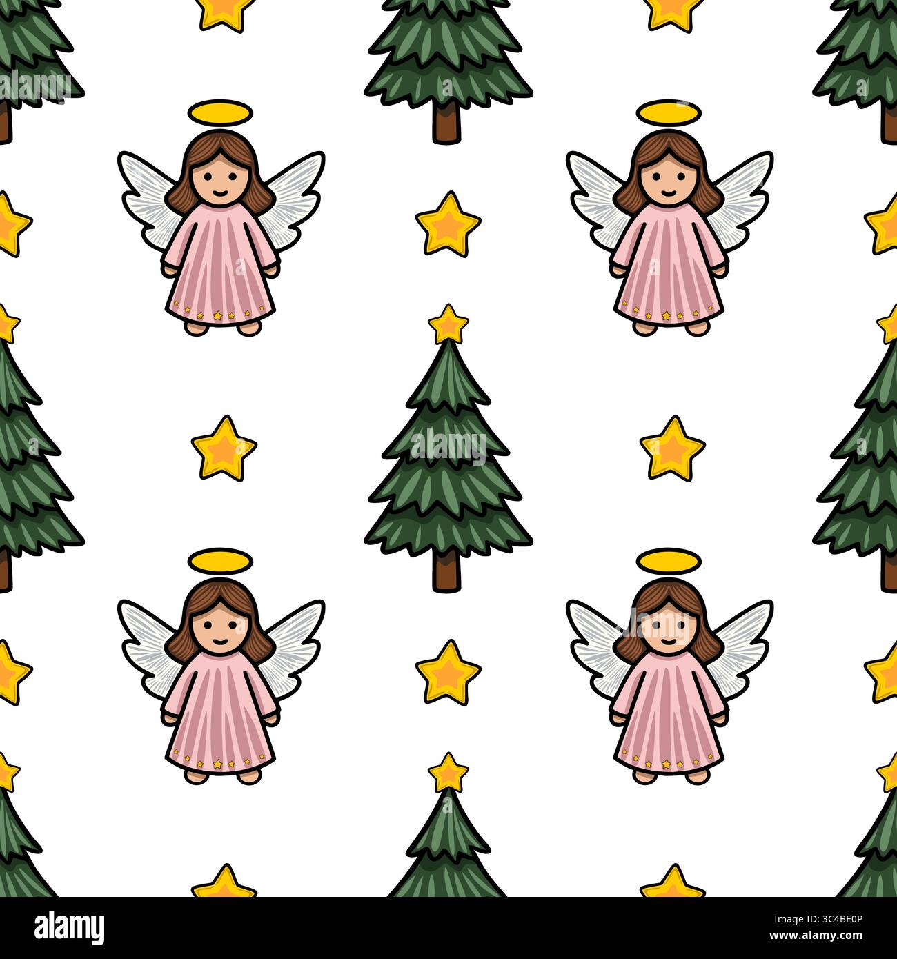 Nahtloses Vektormuster mit entzückenden Engeln, Weihnachtsbäumen und Sternen, perfekt für festliche Designs und Winterferien. Stock Vektor