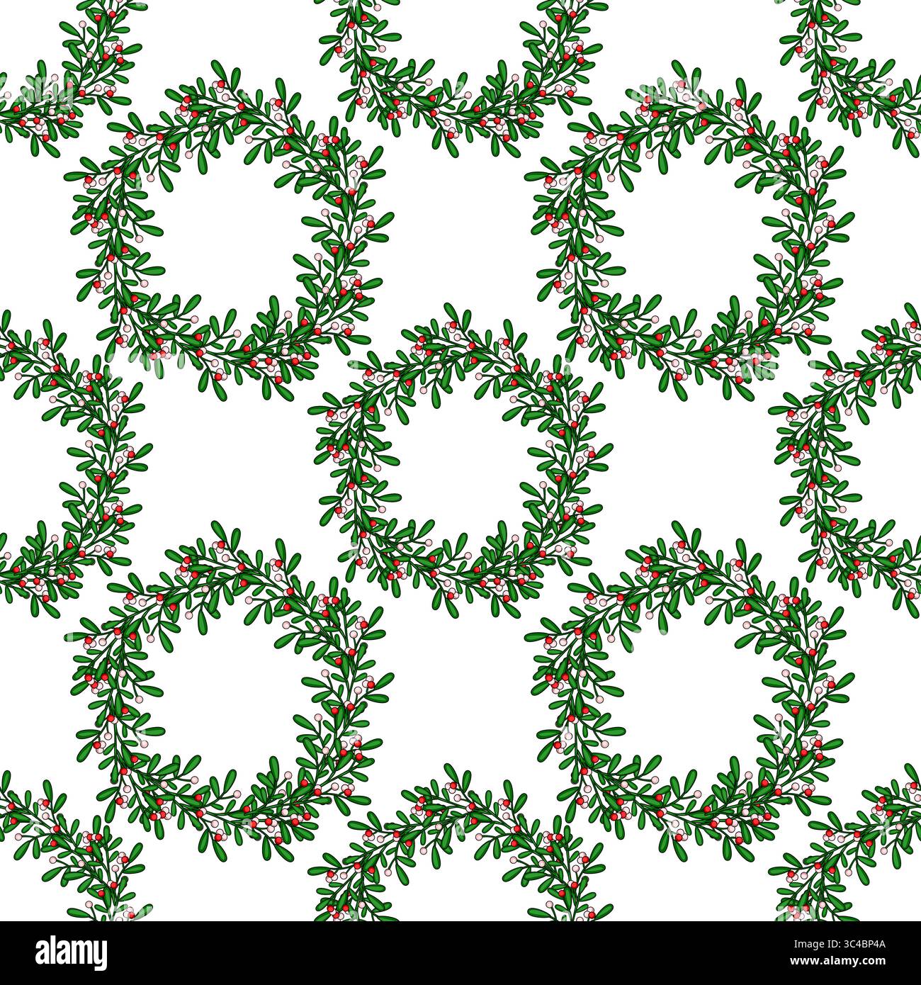 Nahtloses Vektormuster von eleganten Weihnachtsmistelkränzen mit roten und rosa Beeren, perfekt für festliche Feiertagsdesigns und Winterhintergründe. Stock Vektor