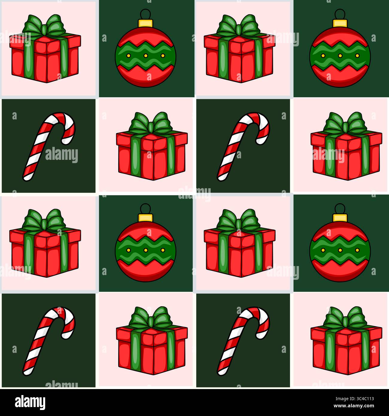 Nahtloses Vektor-Weihnachtsmuster mit roten Geschenken mit grünen Schleifen, grünen und roten Weihnachtskugeln und Bonbonbons, angeordnet in einem Schachbrettmuster Stock Vektor