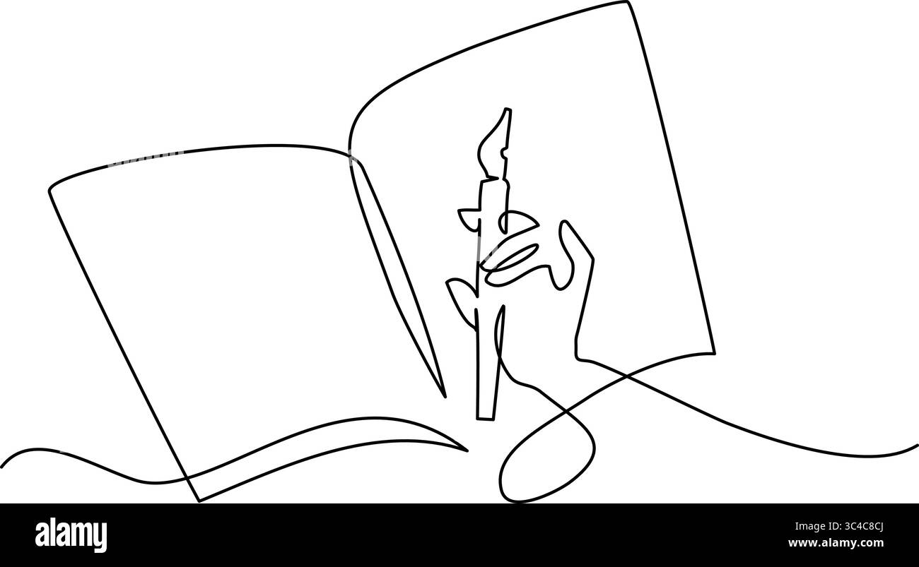 Hand mit Stift und Buch. Das Konzept der Kreativität eines Schriftstellers. Durchgehende einzeilige Zeichnung Stock Vektor