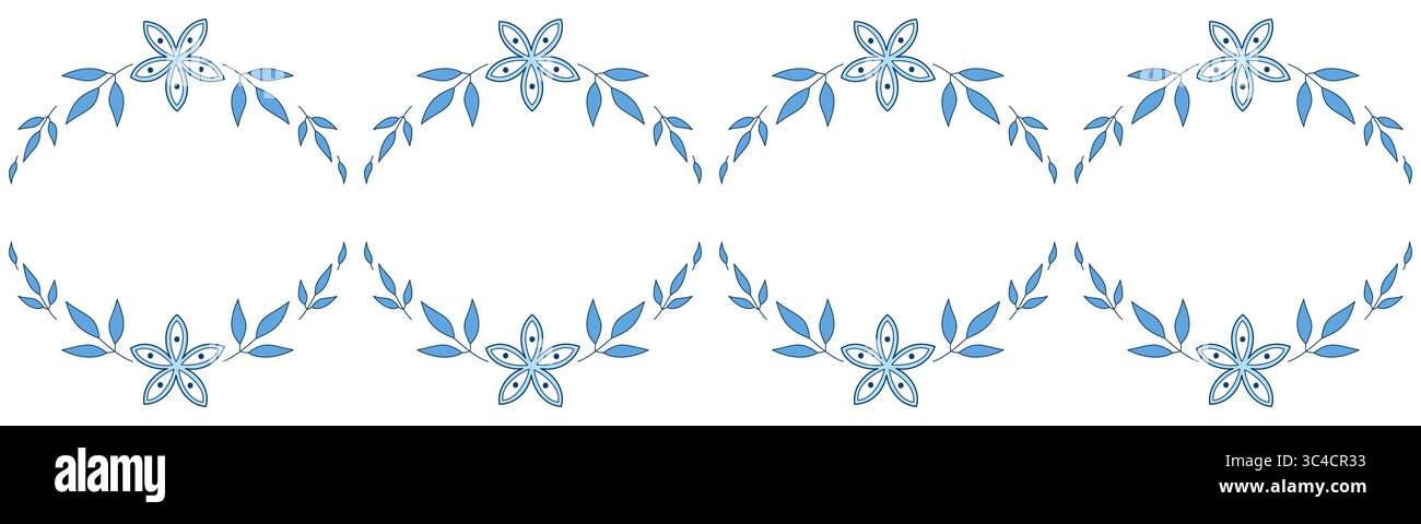 Blaue Blätter und Blumen. Blumenbögen. Romantische Vintage-Illustration auf weißem Hintergrund. Niedliche, anmutige Sommerdekoration Stock Vektor