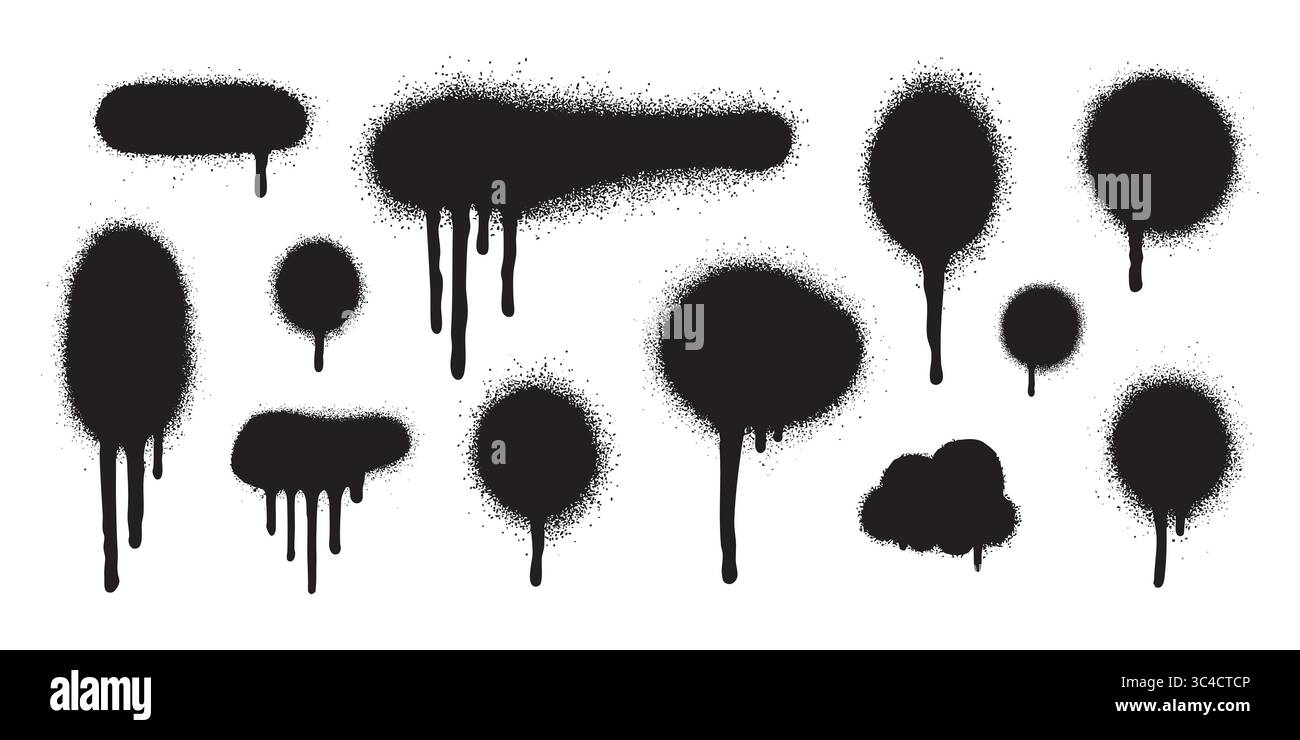 Graffiti-Sprühspritzer in Grunge-Tropfschablone und schwarzer Tinte. Urbane Etikettenfarbe mit unordentlicher Textur für auffällige Kompositionen. Toll für die Straße Stock Vektor